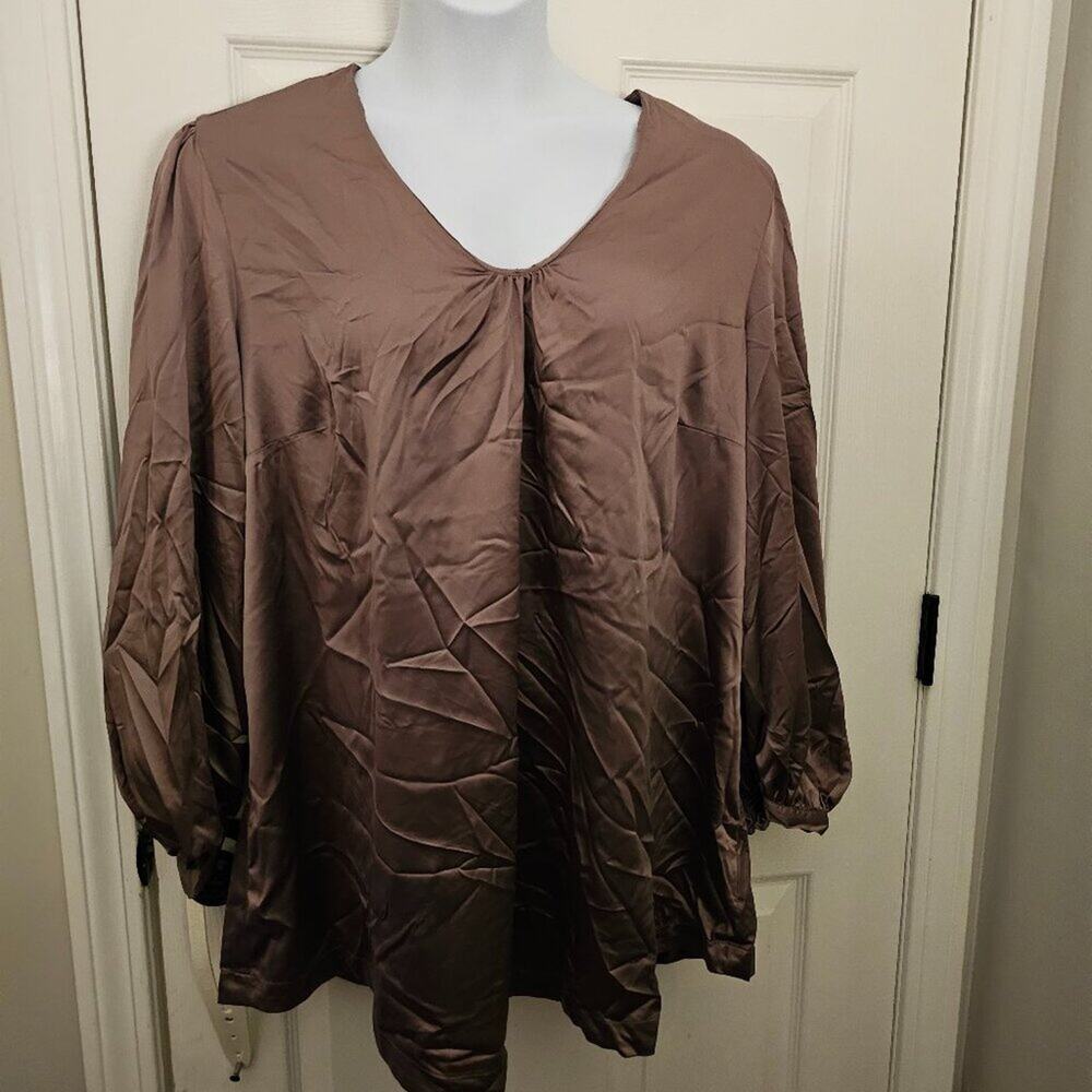 Brown Satin Long Sleeved Blouse 3x - Melissa McCarthy for 7 for All Mankind